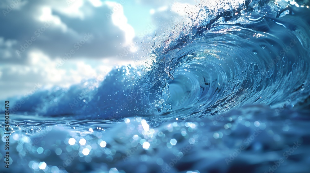 A stunning close-up of an ocean wave capturing the fluid dynamics and sparkle of sunlight on the water under a partly cloudy sky in nature A stunning close-up of an ocean wave capturing the fluid dynamics and sparkle of sunlight on the water under a partly cloudy sky in nature