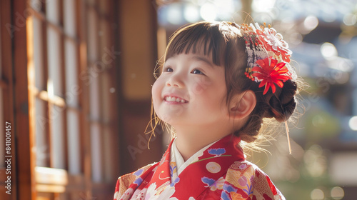 七五三 上を見上げる笑顔の女の子