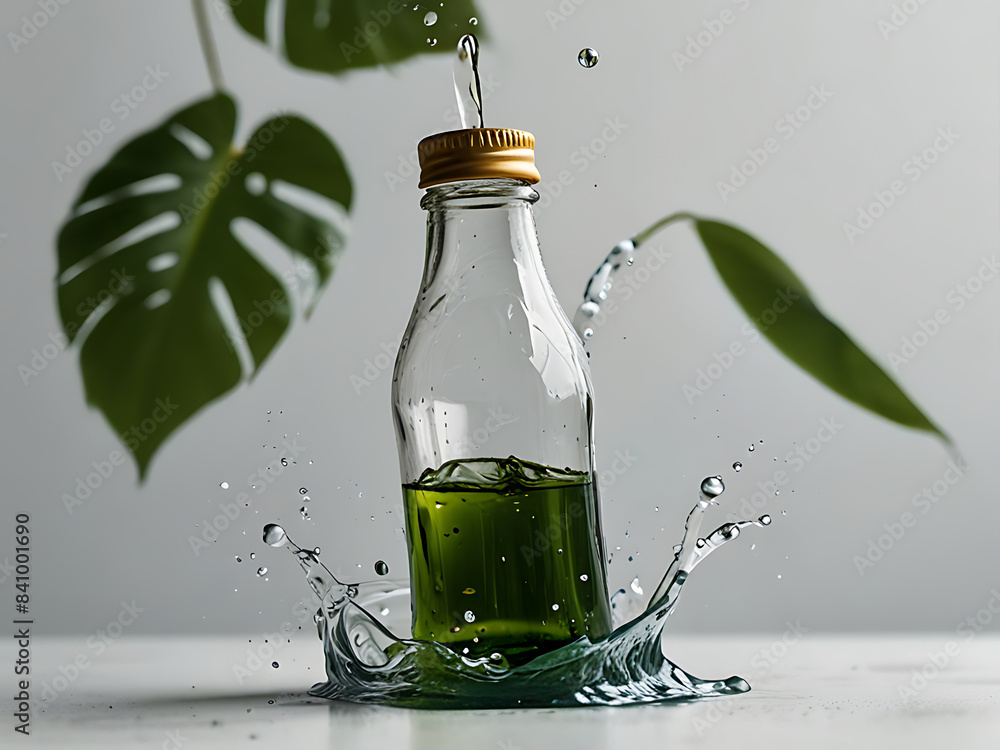 Cosmetic bottle made from transparent glass, splashes with water and leaves on mid air. Beauty product advertisement concept. Cosmetic bottle made from transparent glass, splashes with water and leaves on mid air. Beauty product advertisement concept.