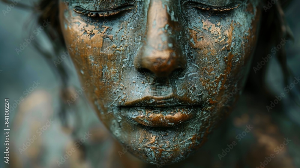 An intricately detailed close-up of a weathered bronze statue's face, capturing the textured patina and preserving the serene and contemplative expression An intricately detailed close-up of a weathered bronze statue's face, capturing the textured patina and preserving the serene and contemplative expression