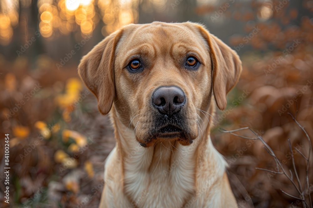 A close-up of a golden Labrador Retriever with attentive eyes, standing in an autumn forest with a backdrop of orange and brown foliage A close-up of a golden Labrador Retriever with attentive eyes, standing in an autumn forest with a backdrop of orange and brown foliage