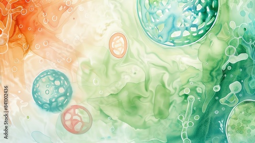 A serene watercolor depiction of a plant cell, with soft gradients showing the cytoplasm and organelles photo