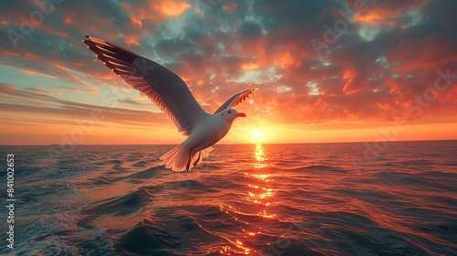 Bird Flying Over Ocean at Sunset Image