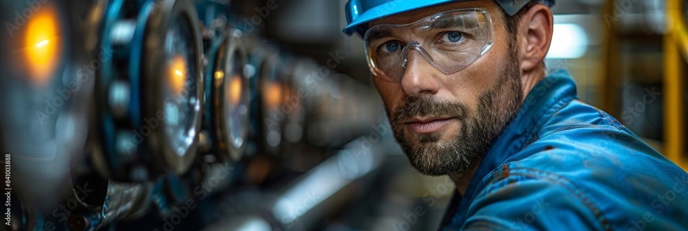 Industrial engineer focused intently on machinery operations within a high-tech manufacturing facility, wearing protective gear including hard hat and safety goggles Industrial engineer focused intently on machinery operations within a high-tech manufacturing facility, wearing protective gear including hard hat and safety goggles