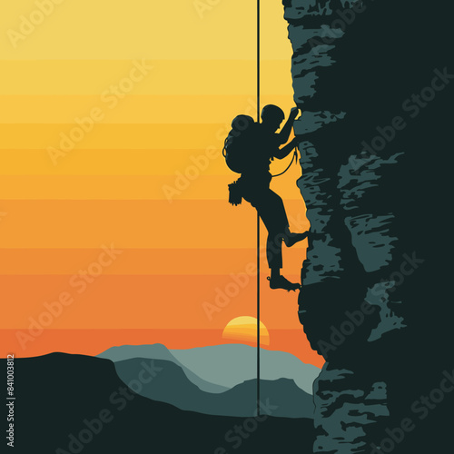 Silhouette climber scaling mountain sunset, adventurethemed vector illustration. Rock climber ascending steep cliff against orange sky, challenging outdoor activity depicted. Illustration climbing