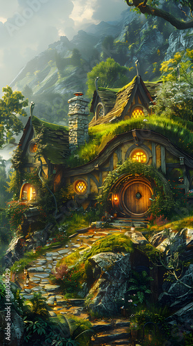 A hobbit house painting nestled in a forest with lush green grass and trees
