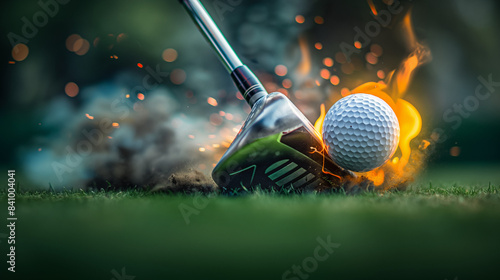 Close-up photo of a golf ball on fire being hit by a golf club