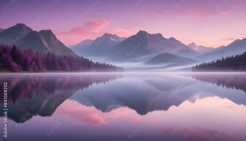 Fototapeta premium A panoramic view of a tranquil lake at dawn, with mist rising from the water and a backdrop of majestic mountains under a pink and purple sky.
