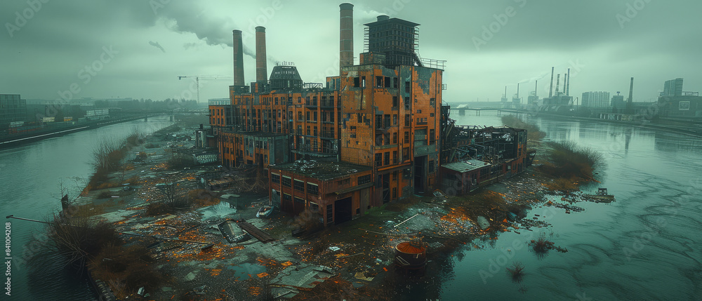 Fototapeta premium realistic photography of a big destroyed cyberpunk industrial complex created with Generative AI technology