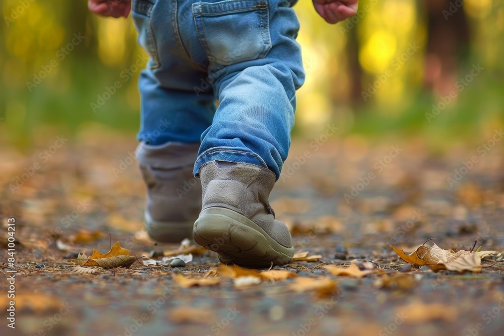 Toddler Walking on Leaf Covered Path during Autumn Toddler Walking on Leaf Covered Path during Autumn