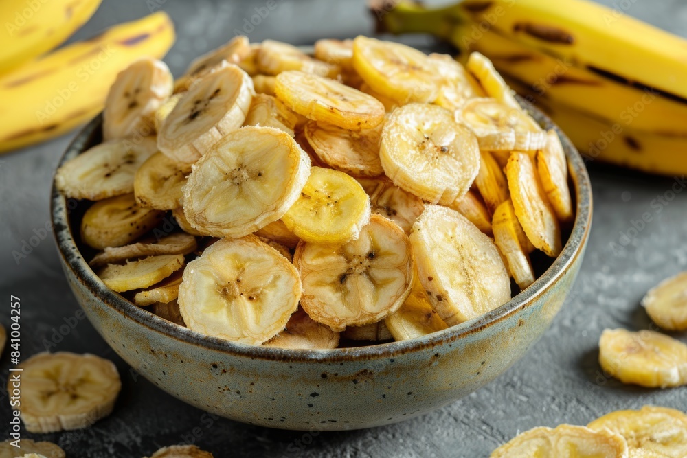 Bowl of Crispy Banana Chips on Gray Background Bowl of Crispy Banana Chips on Gray Background