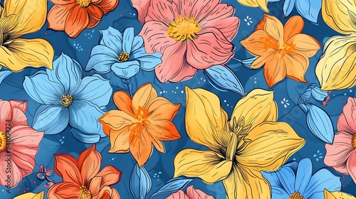 Seamless multi-colored flowers on a blue background  with varying degrees of drawing drawn 