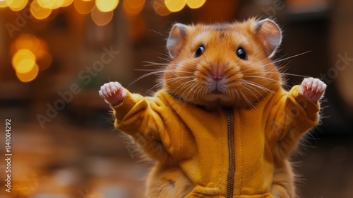 Hamster in Yellow Hoodie. Cute Hamster in Bright Yellow Outfit.