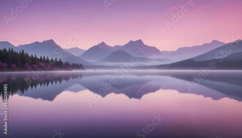 A panoramic view of a tranquil lake at dawn  with mist rising from the water and a backdrop of majestic mountains under a pink and purple sky.