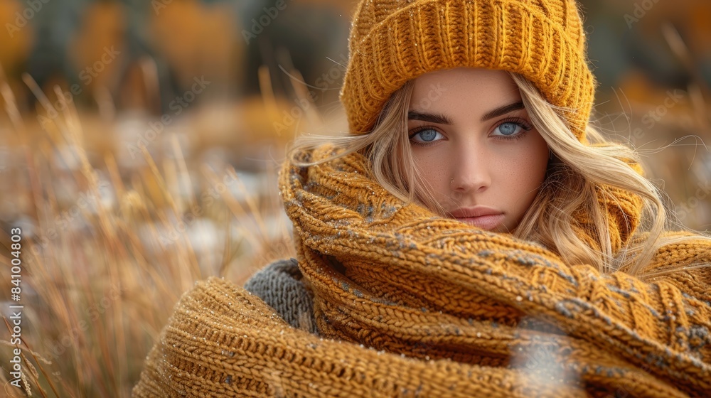 A serene autumn scene capturing a stylish young woman with radiant blue eyes wrapped warmly in an intricate mustard-colored knitted scarf and beanie A serene autumn scene capturing a stylish young woman with radiant blue eyes wrapped warmly in an intricate mustard-colored knitted scarf and beanie