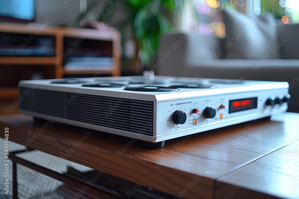Fototapeta premium High-quality close-up image of a modern, high-fidelity audio amplifier placed on a stylish wooden table in a contemporary, cozy living room setting