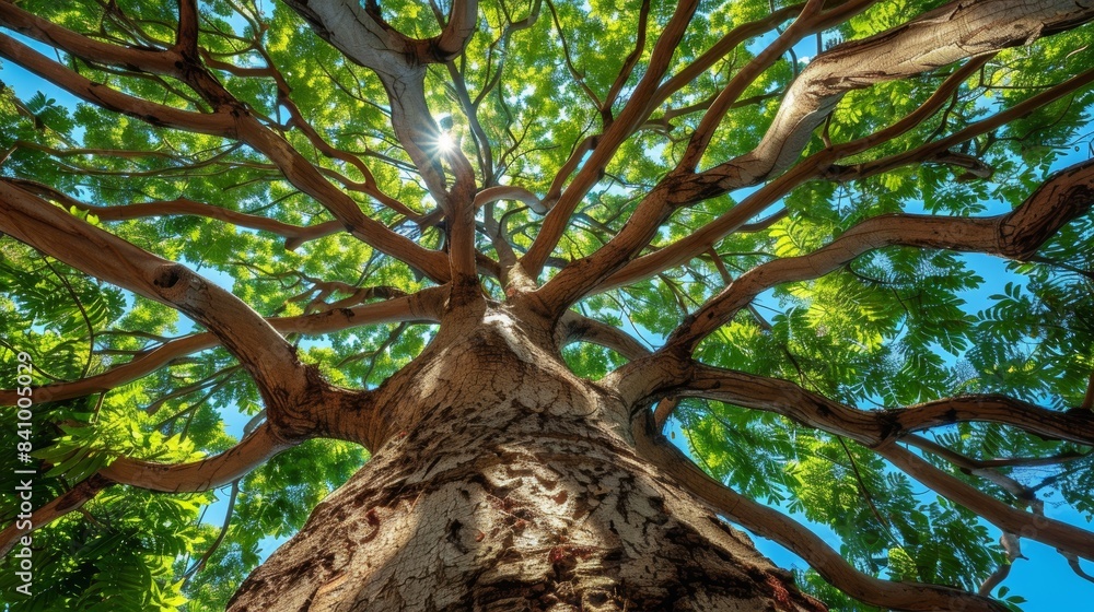 An awe-inspiring upward view of a majestic tree with sprawling branches, lush green leaves, and sunlight peeking through, symbolizing the beauty and grandeur of nature An awe-inspiring upward view of a majestic tree with sprawling branches, lush green leaves, and sunlight peeking through, symbolizing the beauty and grandeur of nature
