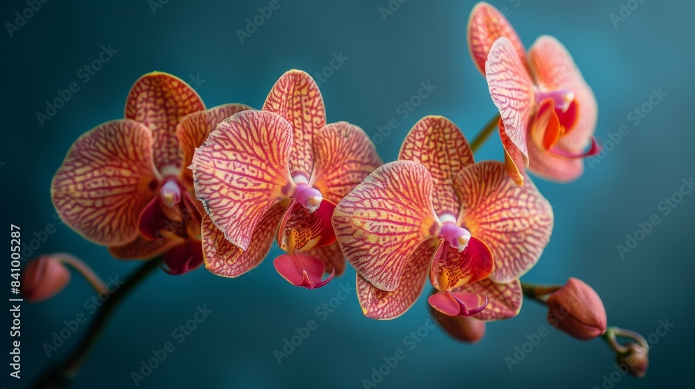 A beautiful close-up of vibrant orchid flowers with intricate patterns and a background of soft blue hues, showcasing the delicate details and natural elegance of these exotic blossoms A beautiful close-up of vibrant orchid flowers with intricate patterns and a background of soft blue hues, showcasing the delicate details and natural elegance of these exotic blossoms