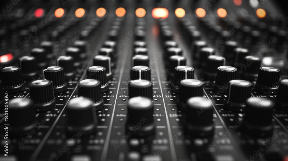 Close-up view of a professional audio mixing console with intricate knobs, sliders, and glowing lights, showcasing technical details of sound engineering equipment Close-up view of a professional audio mixing console with intricate knobs, sliders, and glowing lights, showcasing technical details of sound engineering equipment