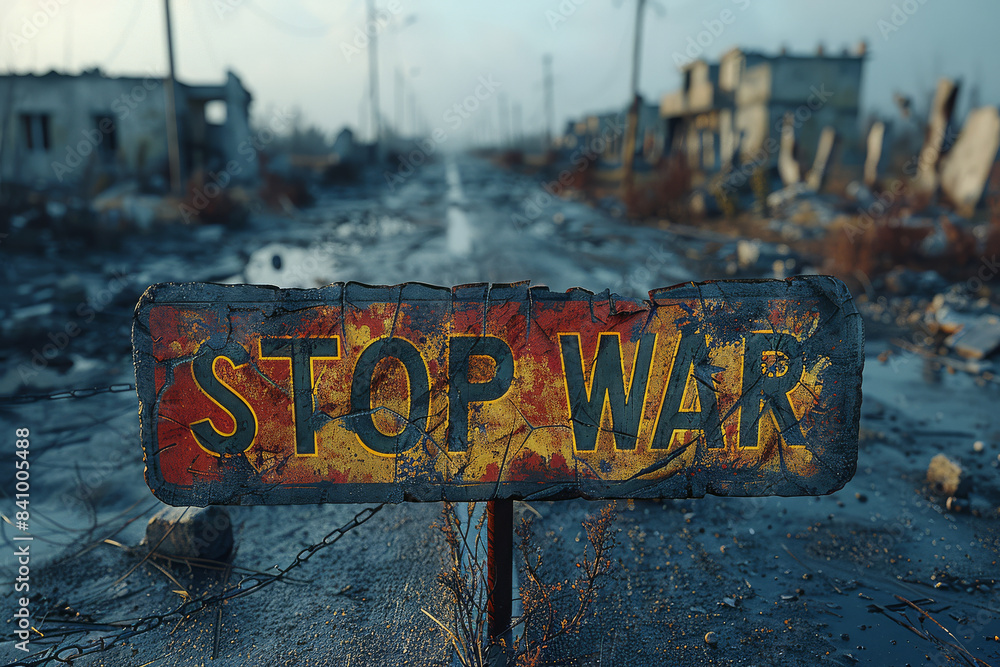 Naklejka premium road sign with stop war created with Generative AI technology