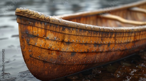 Wallpaper Mural A close-up image captures the intricate details of a beautifully handcrafted wooden canoe resting on a serene water surface with droplets glistening on its surface Torontodigital.ca