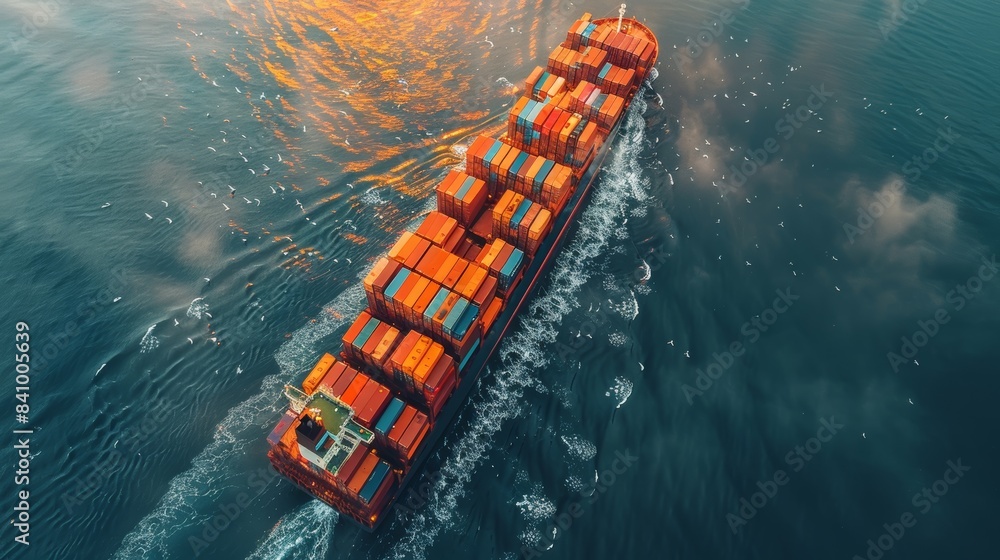 Aerial view of a large cargo ship navigating through calm ocean waters at sunset, with numerous colorful shipping containers stacked on deck, creating a vibrant scene in maritime transport Aerial view of a large cargo ship navigating through calm ocean waters at sunset, with numerous colorful shipping containers stacked on deck, creating a vibrant scene in maritime transport