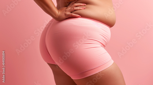 Wallpaper Mural An obese woman, with an overweight body, standing and showing her waist, wrapped with raw sliced pork belly light pastel pink background Torontodigital.ca