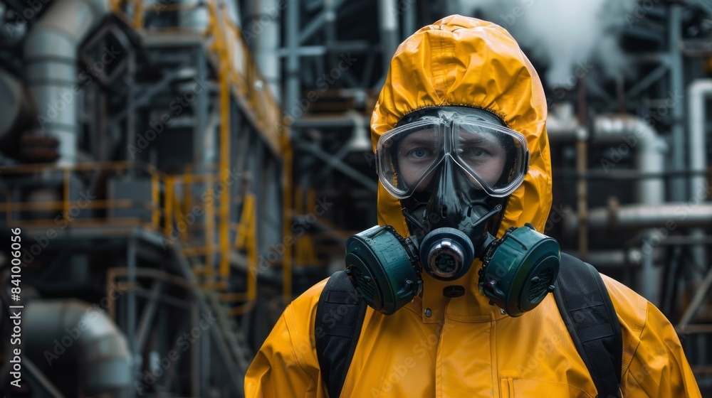 A man in a yellow protective suit with a gas mask on A man in a yellow protective suit with a gas mask on