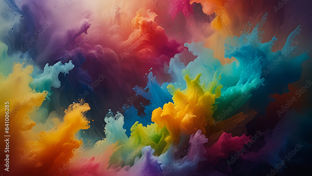 Abstract colorful explosion collides on mid air. Holi powder burst isolated on dark background. Abstract colorful explosion collides on mid air. Holi powder burst isolated on dark background.