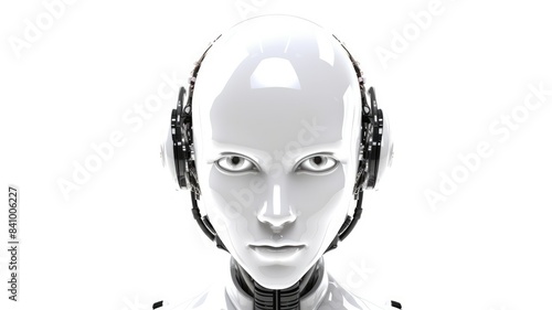 Smart android head close up with humanoid features. Futuristic robot face concept with white sleek design. AI and robotics concept for design and technology. Artificial intelligence concept. AIG35.