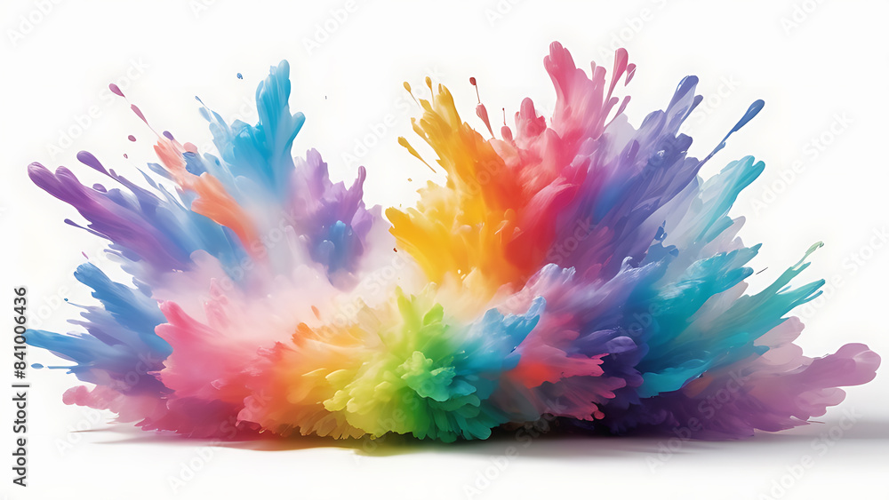 Obraz premium Abstract colorful explosion collides on mid air. Holi powder burst isolated on white background.