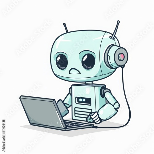  Simple Cartoon Robot Holding Unplugged Internet Cable with Laptop on White Background