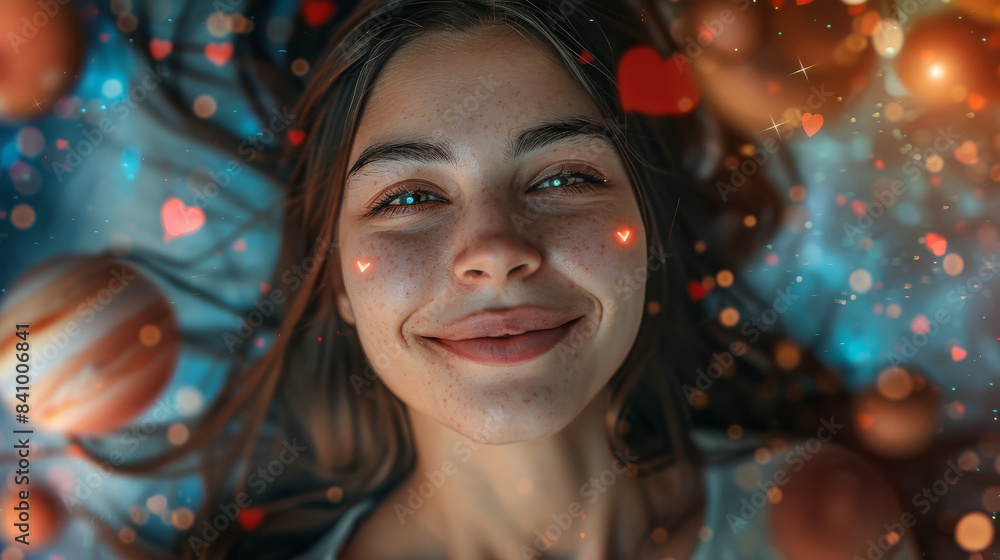 smiling woman with straight dark brown hair with heart laser eyescreated with Generative AI technology smiling woman with straight dark brown hair with heart laser eyescreated with Generative AI technology