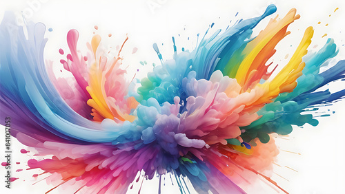 Abstract colorful explosion collides on mid air. Holi powder burst isolated on white background. photo