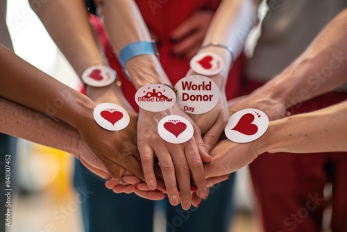 Hands with Blood Donation Stickers: A diverse group of people holding hands and wearing stickers that say 