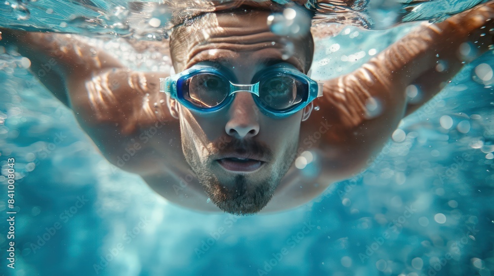 Naklejka premium Close up view of man wearing swimming goggles, seen from underwater while swimming.