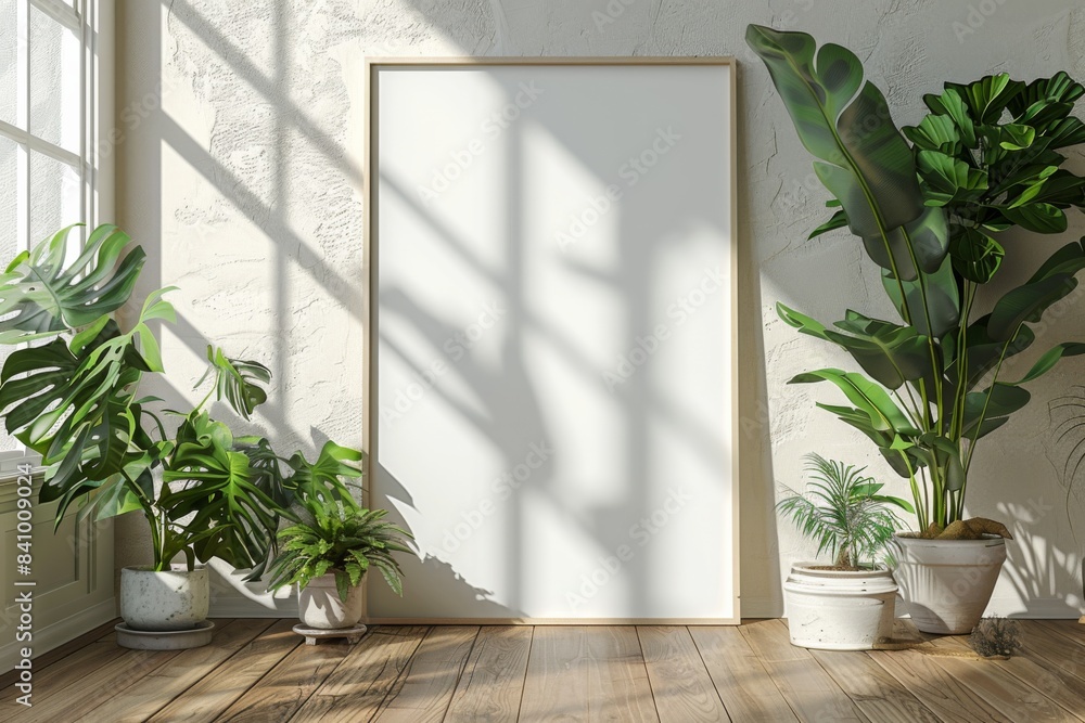 Poster frame mockup on wooden floor created with Generative AI Poster frame mockup on wooden floor created with Generative AI