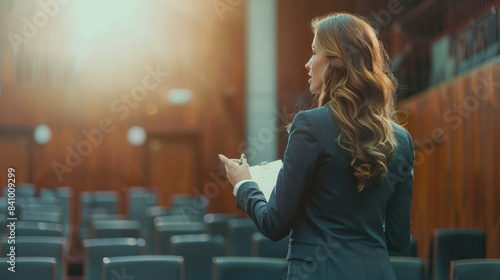 Motivational Speaker Rehearsing Presentation in Empty Theater Room. Spokesperson practicing alone before giving a public presentation