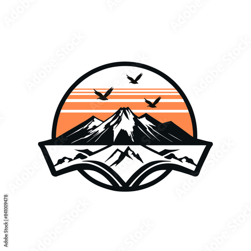 A stylized graphic of a mountain range with snow-capped peaks set against an orange sky with horizontal lines and three birds flying above. 