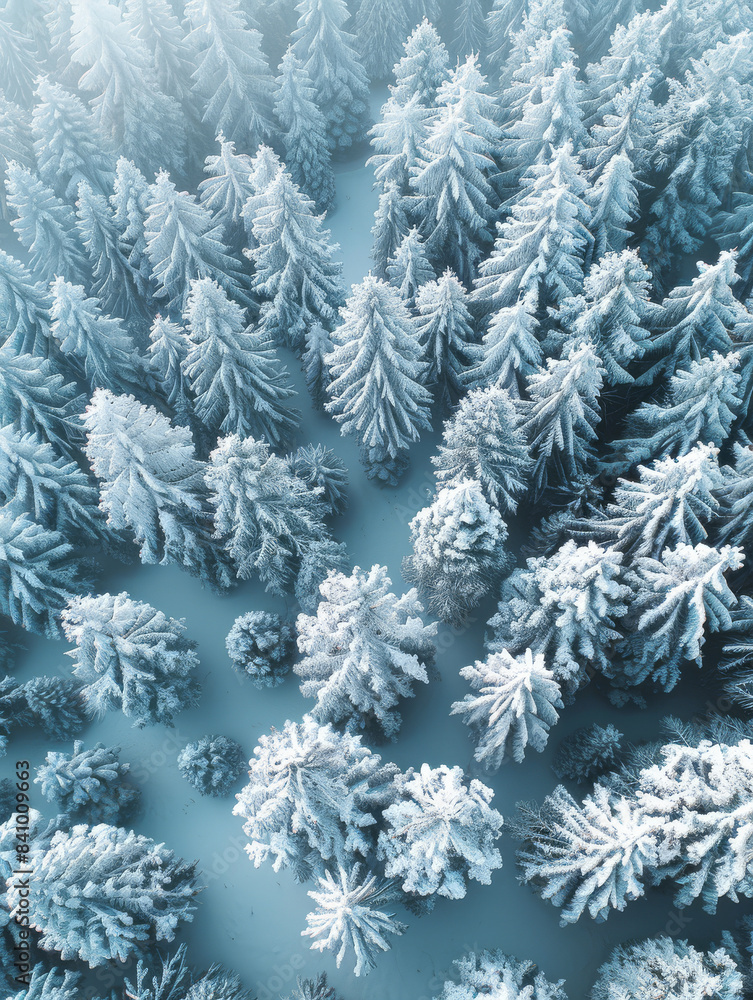 This image offers a bird's-eye view of a wintry forest created with Generative AI technology This image offers a bird's-eye view of a wintry forest created with Generative AI technology