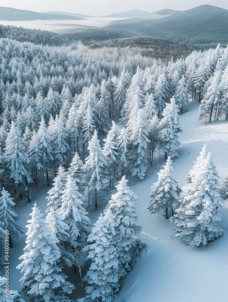 This image offers a bird's-eye view of a wintry forest created with Generative AI technology This image offers a bird's-eye view of a wintry forest created with Generative AI technology
