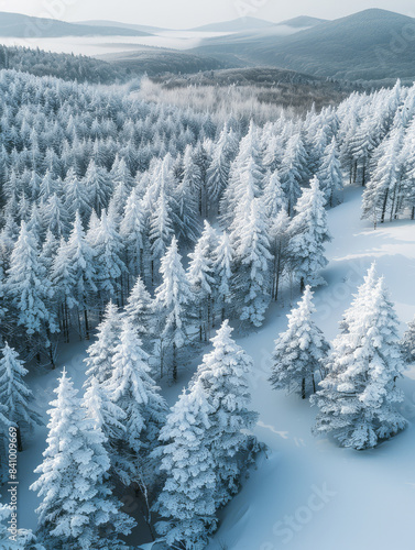 This image offers a bird's-eye view of a wintry forest created with Generative AI technology
