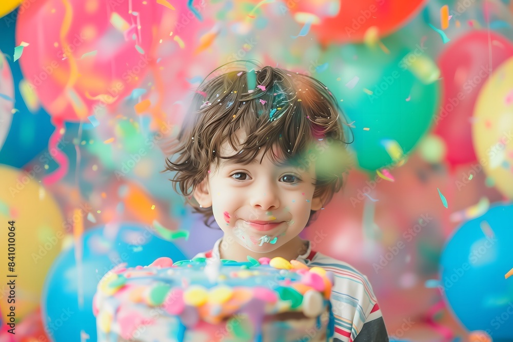 Excited Boy Celebrating Birthday with Cake and Balloons Excited Boy Celebrating Birthday with Cake and Balloons