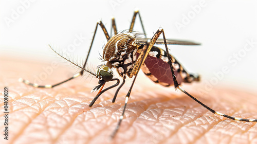 Aedes aegypti or yellow fever mosquito sucking blood on skin,Macro close up show markings on its legs and a marking in the form of a lyre on the upper surface of its thorax