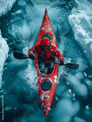 Wallpaper Mural top down drone photography of an icy ocean, ice berg to left, man in red red kajak in water created with Generative AI technology Torontodigital.ca