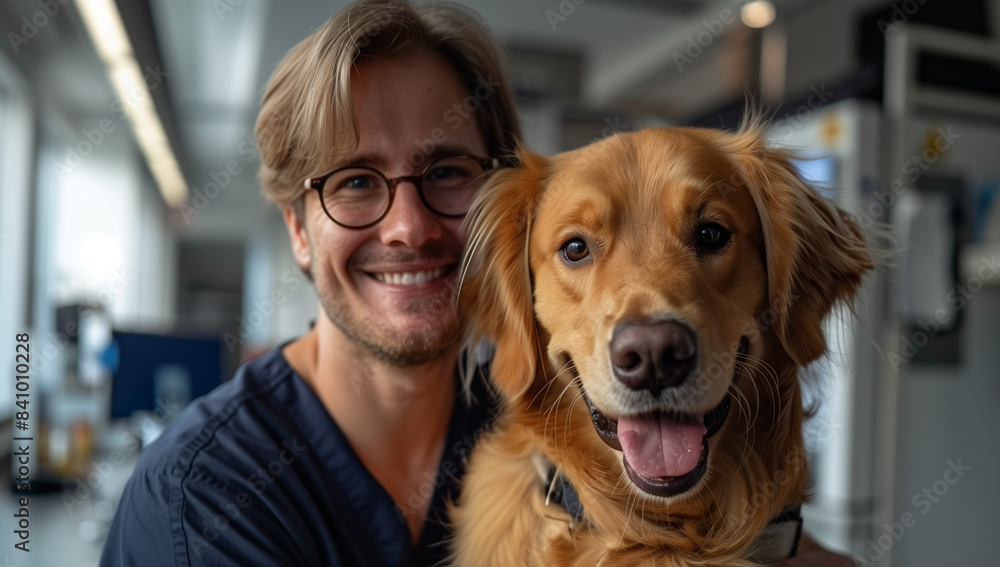 Smiling Veterinarian with Happy Golden Retriever in Clinic Smiling Veterinarian with Happy Golden Retriever in Clinic