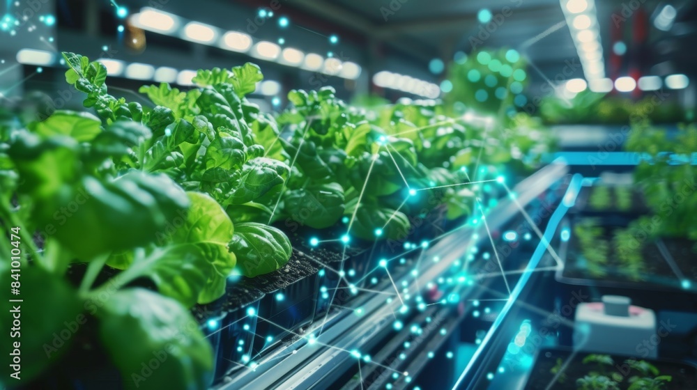 Obraz premium The use of artificial intelligence in smart aquaponics analyzing data and making automated adjustments for efficient resource usage and maximum yields.