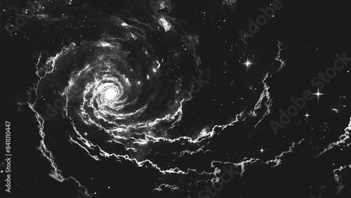Deep space scene background in stippling style with amazing huge spiral nebula in universe. Great Attractor. Retro styled dotwork. Pointillism. Noisy grainy shading using dots. Vector illustration