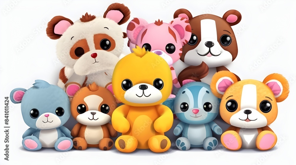 Naklejka premium Adorable Stuffed Animal Toys Set on Transparent Background - Monkey, Bunny, Fox, Dragon Plushies. Generative AI Illustration of Cute Fluffy Soft Toys.