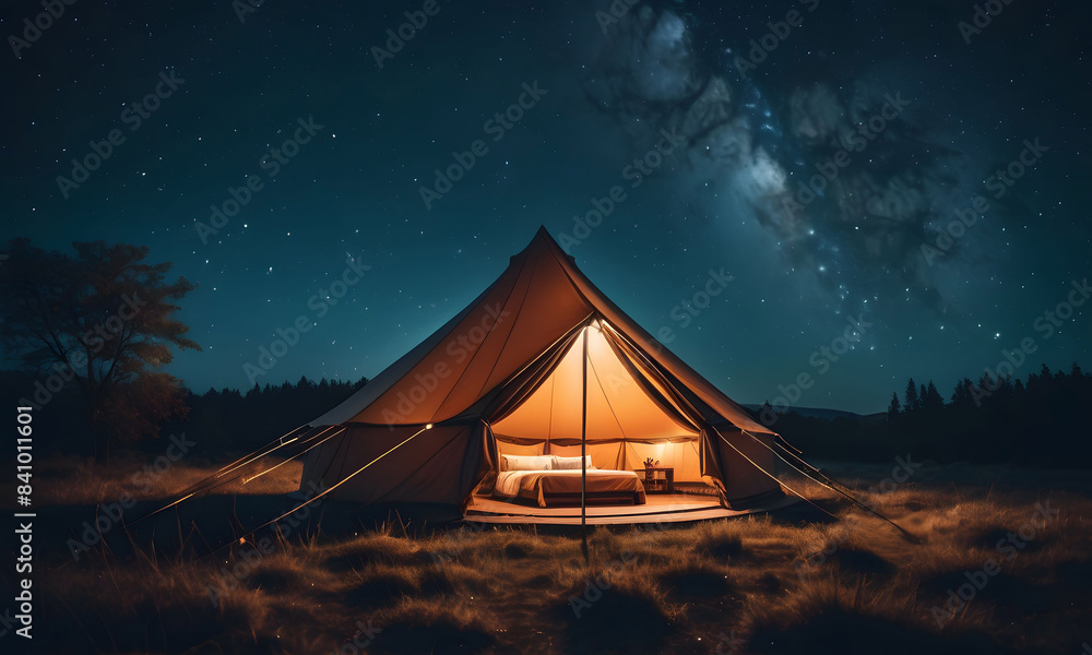 The tourist tent glows in the dark. Artificial intelligence. 